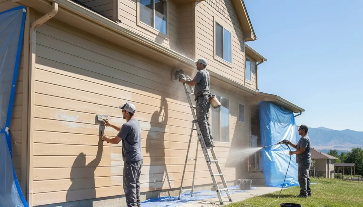 Painter sanding exterior siding during surface prep for house painting in Loveland, CO